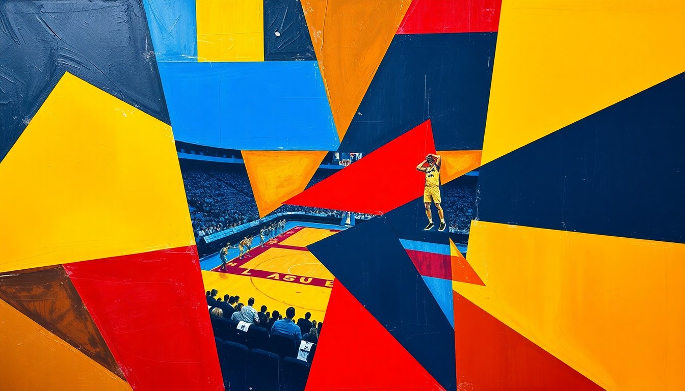 A cubist, geometric painting depicting a college basketball game, with sharp, overlapping planes of color representing the dynamic action and energy of the tournament.