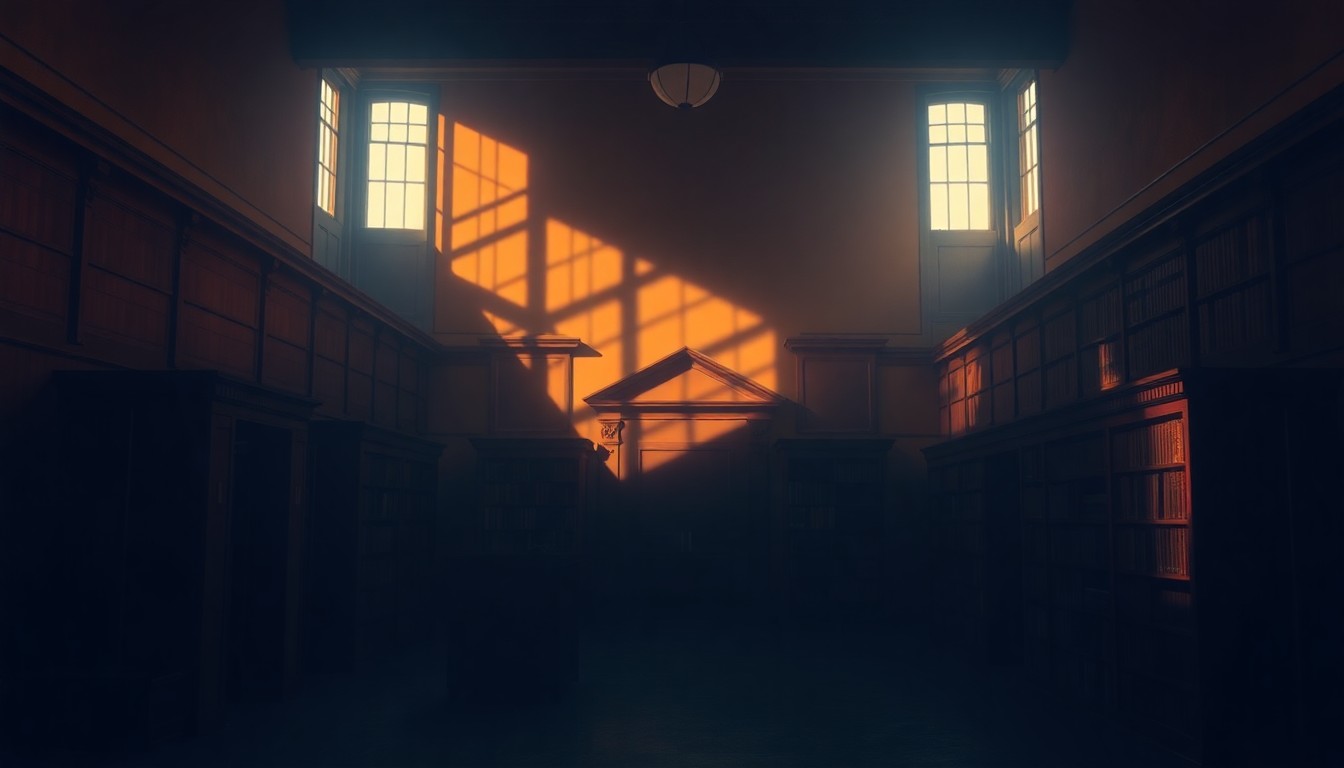 A dimly lit, cinematic interior of a courthouse or law library, with sunlight streaming through windows and casting long shadows across the space, conveying a sense of quiet contemplation and the weight of the judicial process.