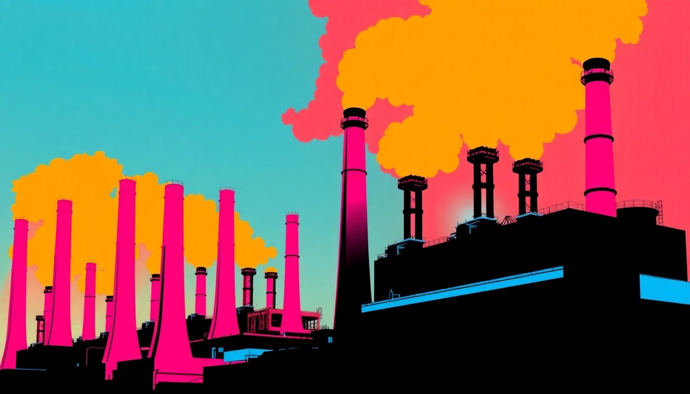 A brightly colored, high-contrast silkscreen-style illustration featuring multiple repeated images of a Sloss Furnaces smokestack in a grid pattern, using vibrant neon hues and heavy black outlines to transform the industrial landmark into a modern pop art piece.