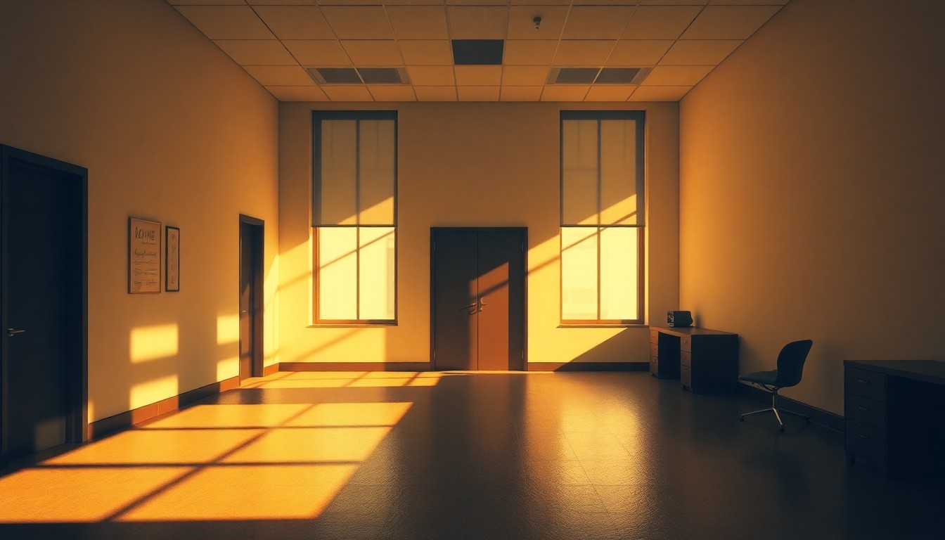 A dimly lit, empty college administrative office space with warm, diagonal sunlight streaming through the windows, conveying a sense of quiet contemplation about organizational changes.