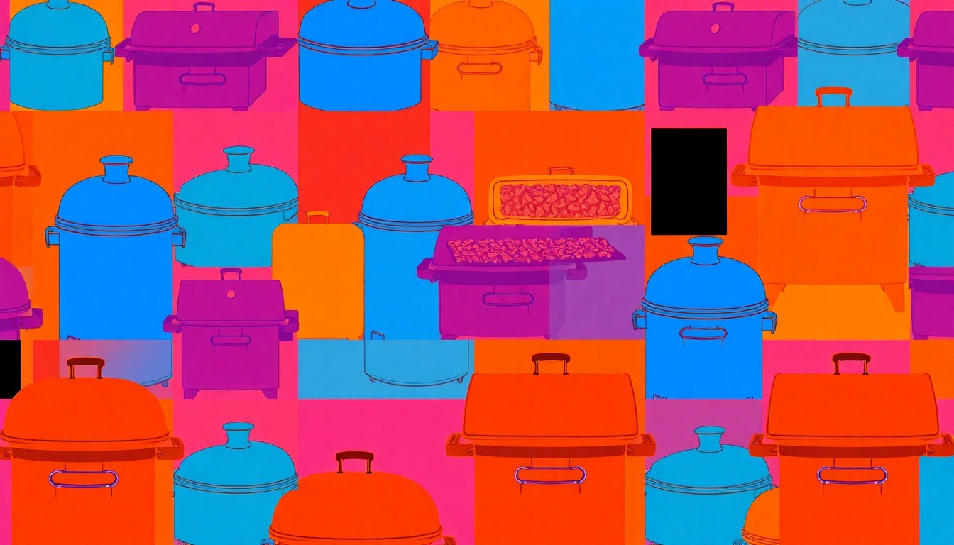 A high-contrast, silkscreen-style illustration featuring a repeated pattern of a barbecue smoker in bold, neon colors, conceptually representing the energy and excitement of a regional food festival.