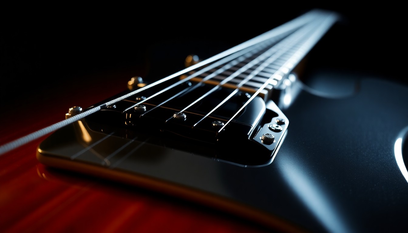 An extreme close-up photograph of a guitar neck and fretboard, with the metal strings and hardware reflecting dramatic, high-contrast studio lighting to create a glamorous, high-fashion aesthetic.