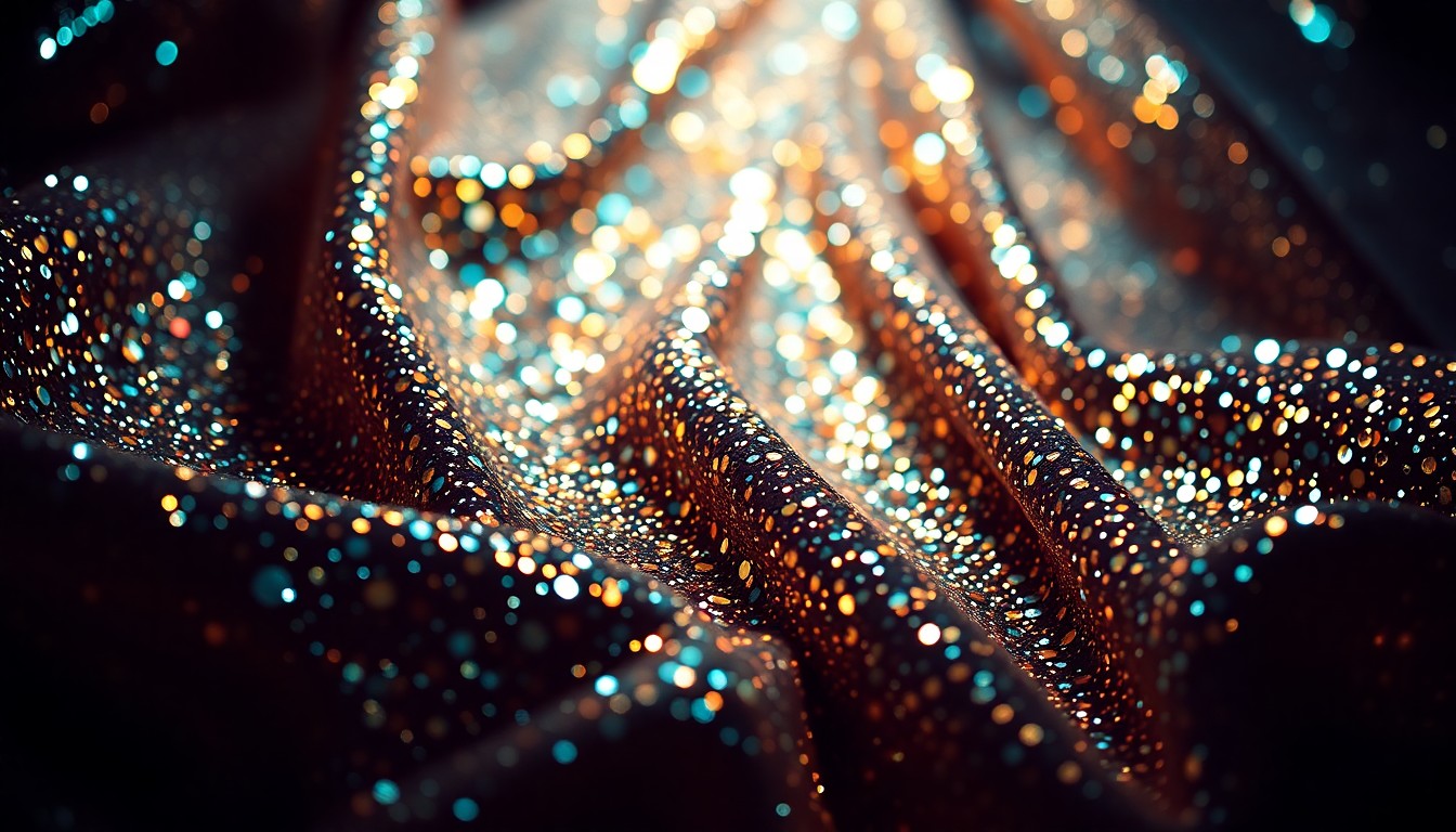 An extreme close-up of shimmering, glittering fabric textures in dramatic studio lighting, conceptually representing the glamour and celebration of a musical anniversary.