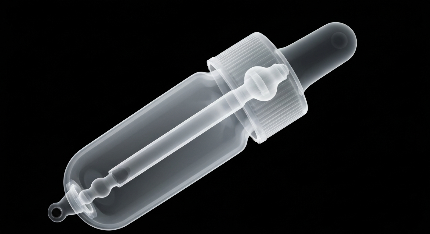 A translucent, ghostly X-ray photograph showing the internal structure of an eye dropper bottle in glowing, ethereal detail against a dark background, conceptually illustrating the contamination issues that led to the FDA recall.