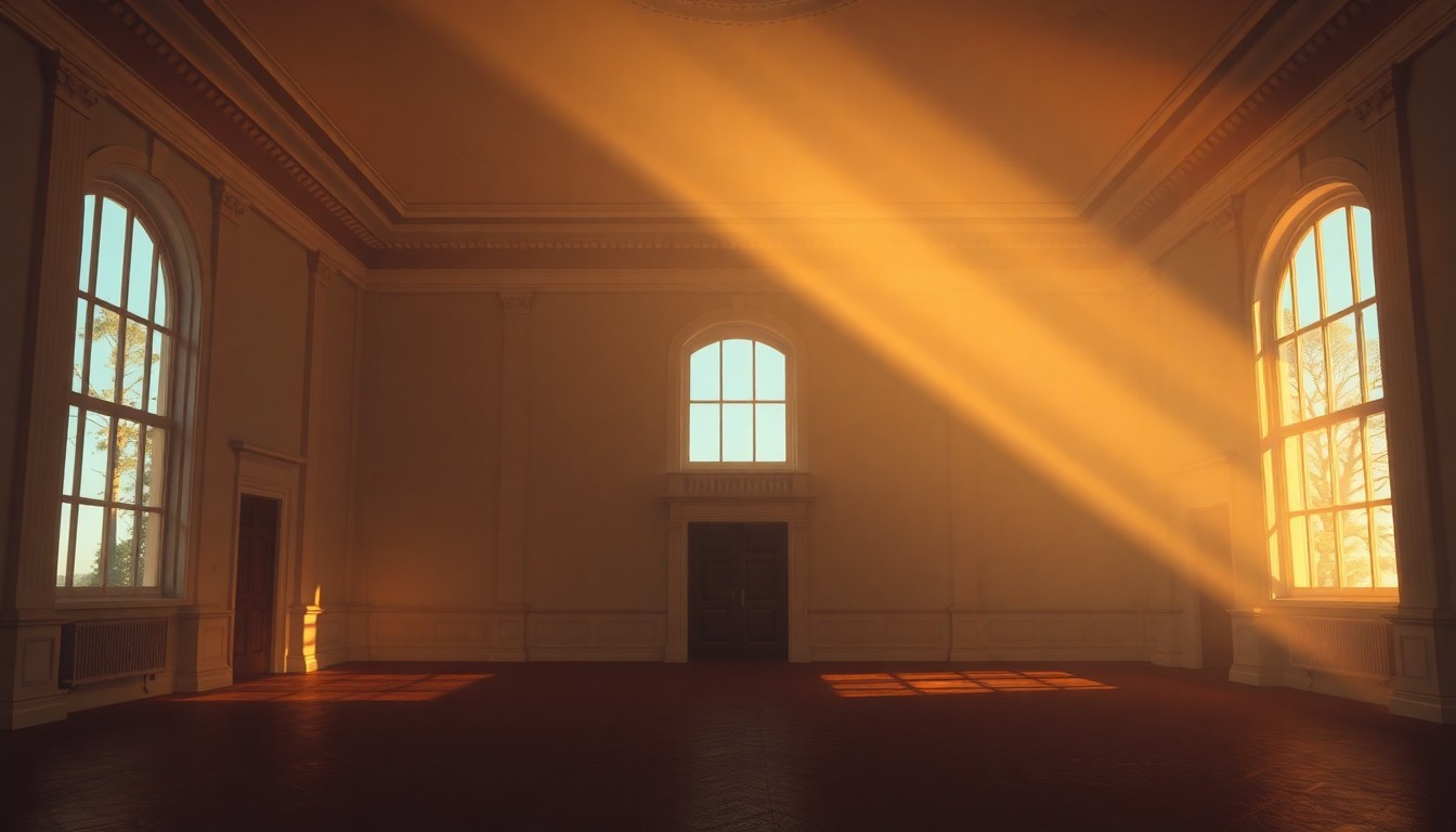 A serene, cinematic painting of the empty East Wing of the White House, with warm sunlight streaming through the windows and deep shadows cast across the facade, conveying a sense of transition and change.