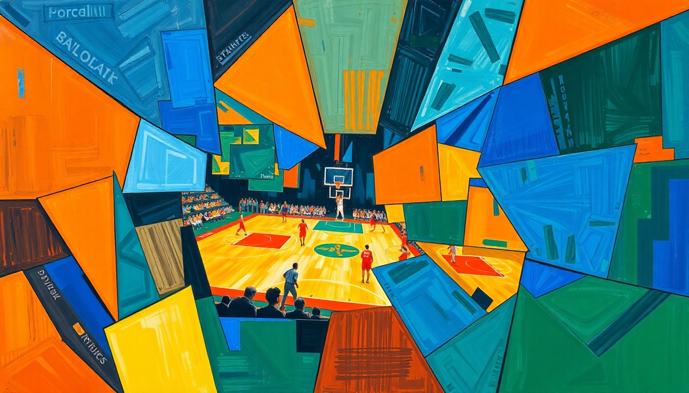 A fractured, cubist-style painting depicting the dynamic movements and energy of a basketball game, with sharp geometric shapes in vibrant colors representing the action on the court.