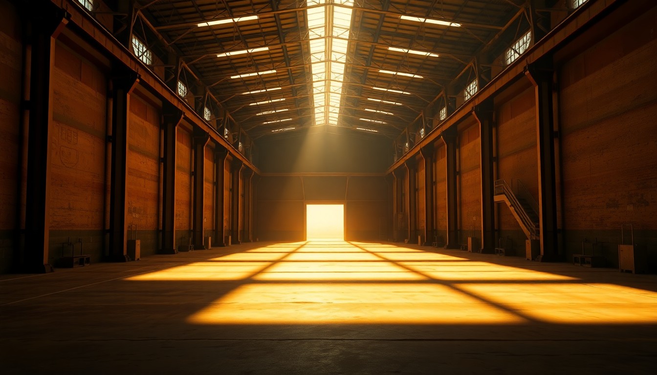 A quiet, cinematic painting of an empty factory or warehouse interior, with warm diagonal sunlight and deep shadows, conveying the somber mood and economic toll of the Trump administration's tariffs on Michigan.