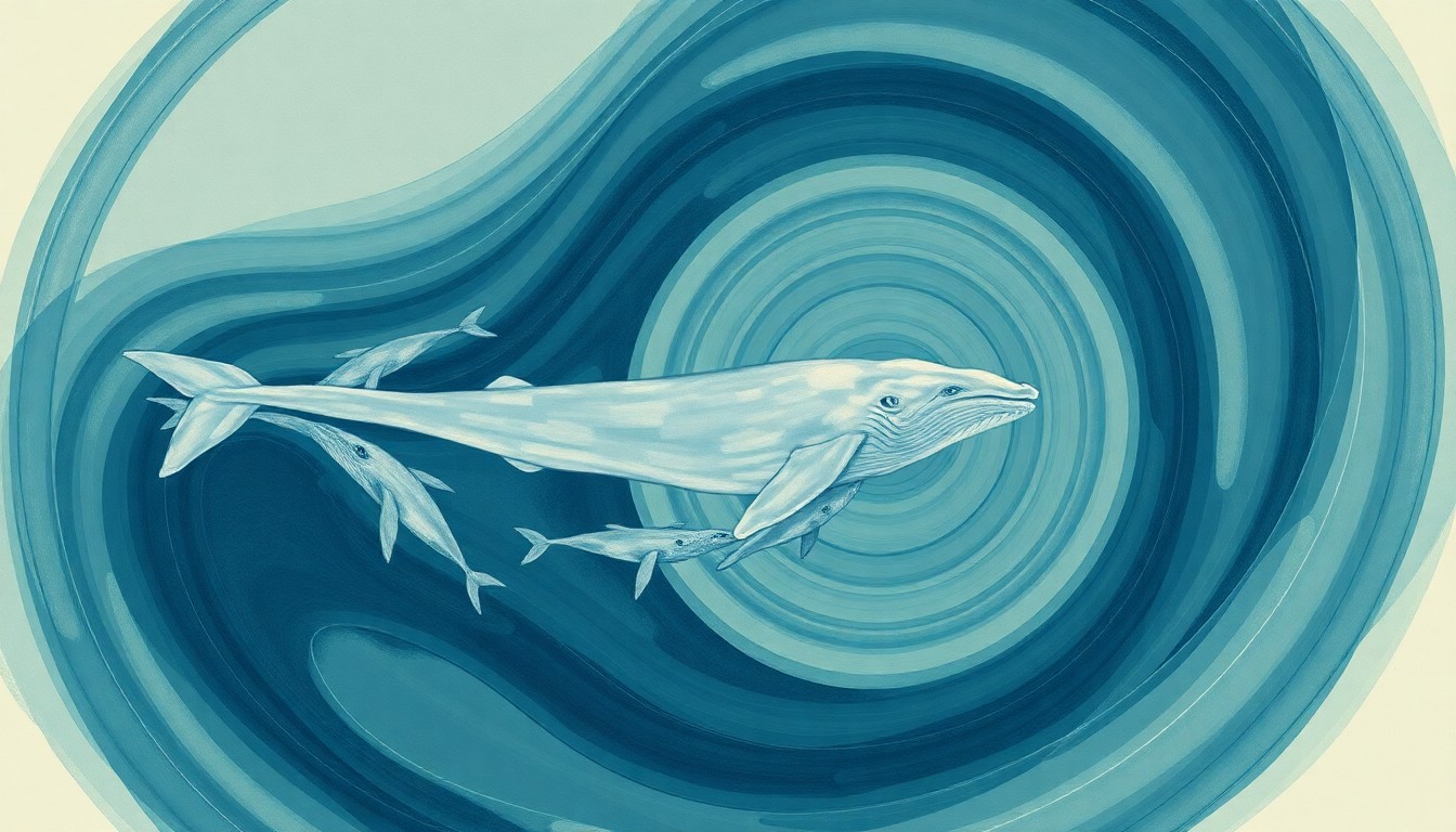 A bold, abstract painting in muted shades of blue, green, and gray, featuring sweeping geometric arcs, concentric circles, and precise organic spirals that conceptually represent the fluid movements and interconnected nature of a pod of gray whales swimming through the ocean.
