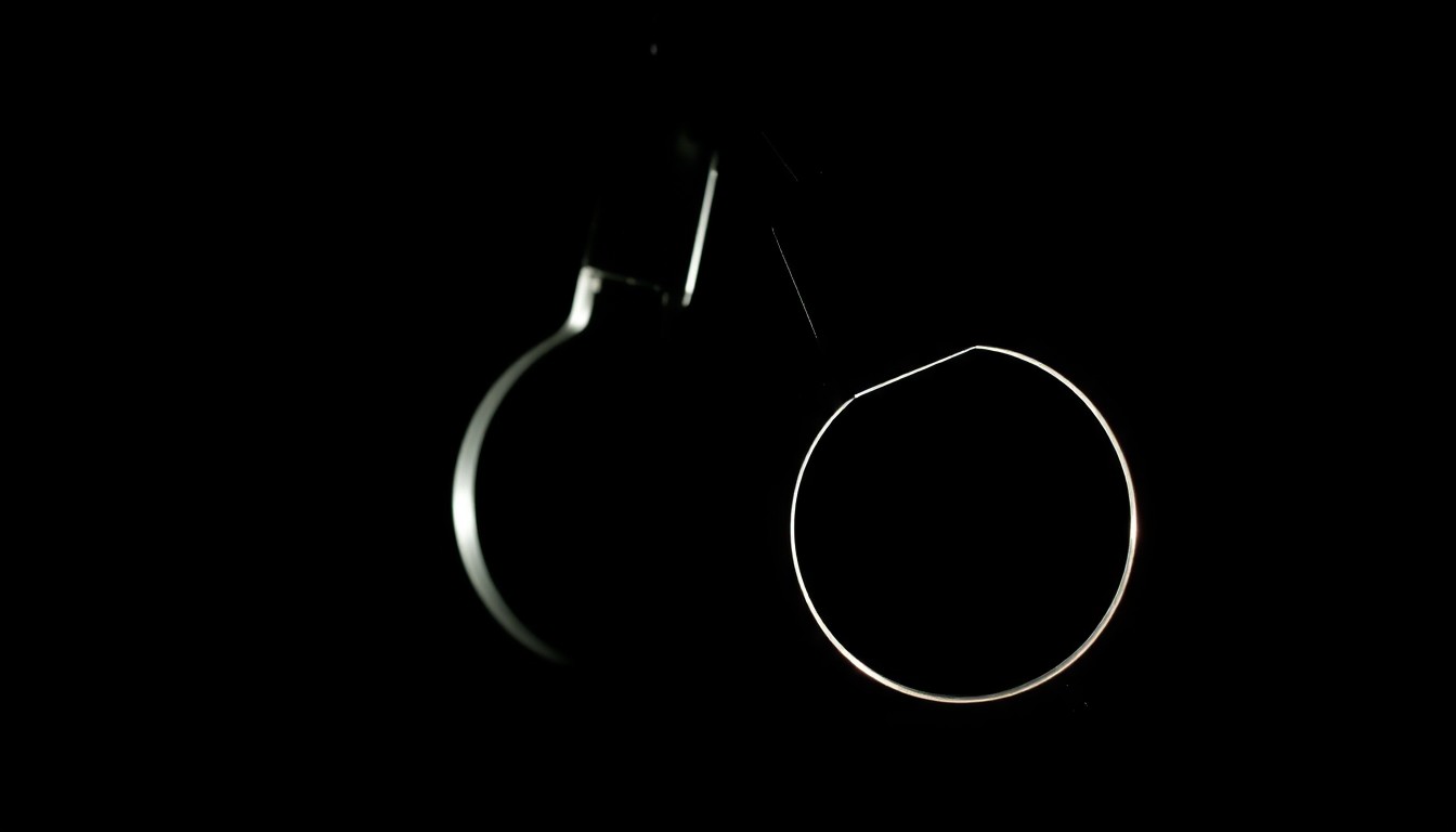 An extreme close-up photograph of a set of handcuffs or a prison door lock, lit by a harsh, direct camera flash against a pitch-black background, creating a stark, gritty, investigative aesthetic.