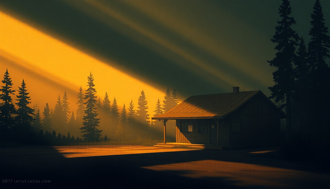 A serene, sunlit painting of a modest Forest Service field office, capturing the quiet contemplation and sense of place that defines the agency's work in the Western landscape.