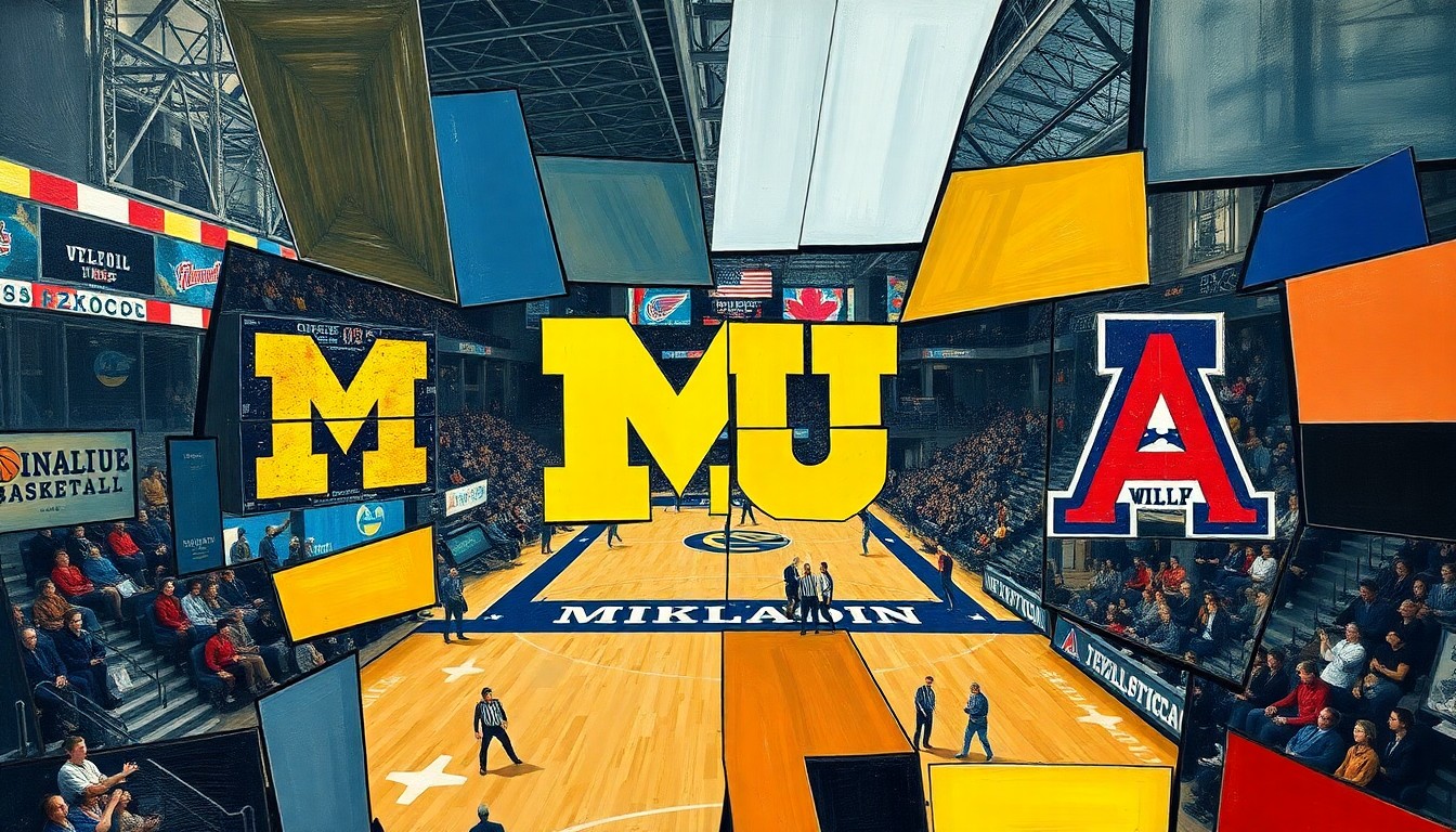 A cubist, geometric painting depicting the action and energy of a college basketball game, with the players and court rendered in sharp, overlapping planes of color and form.