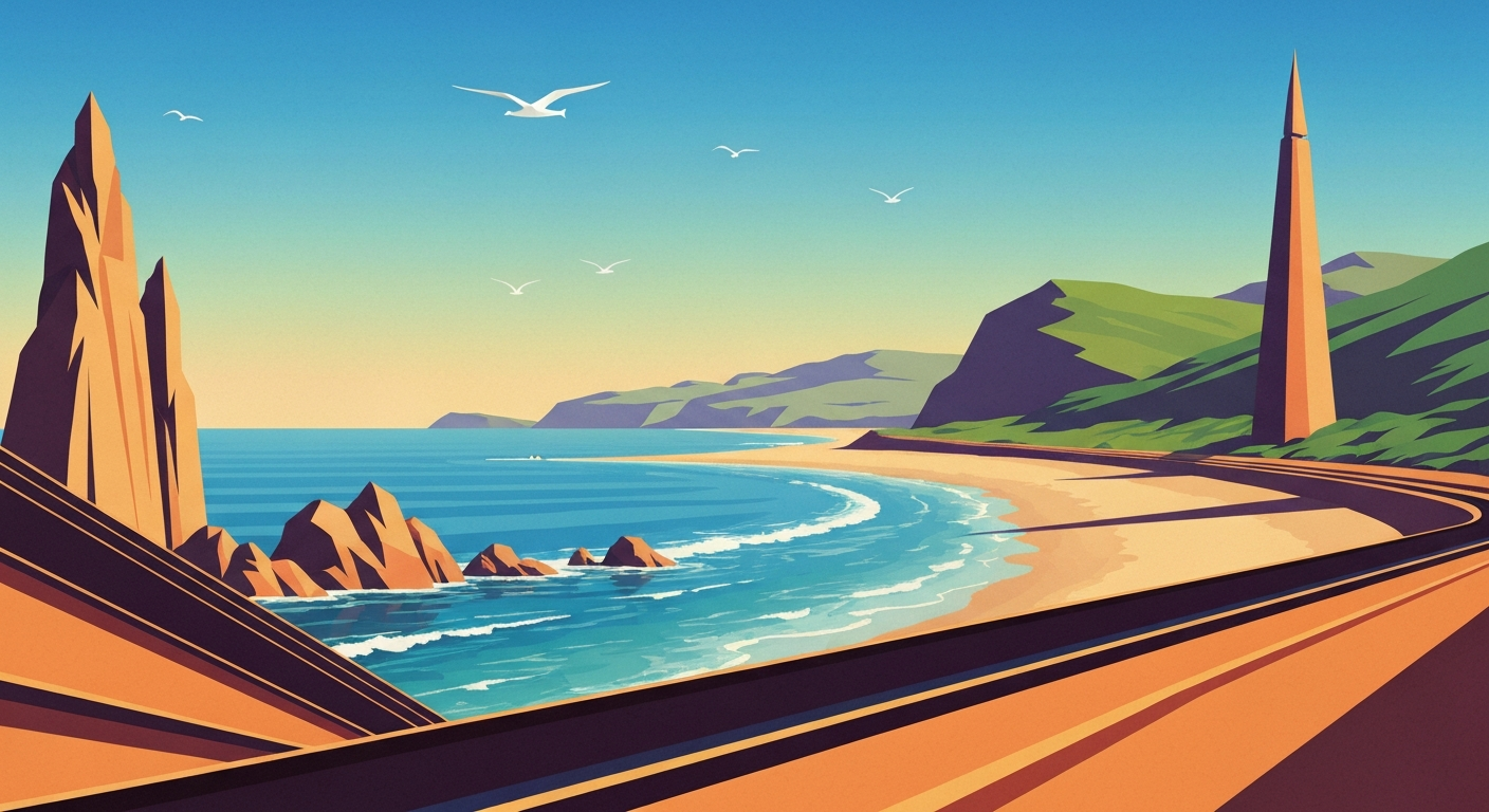 A bold, geometric illustration depicting a sweeping coastal landscape with towering, streamlined forms in shades of blue, green, and orange, capturing the grand scale and romance of travel without any literal depictions of people or text.
