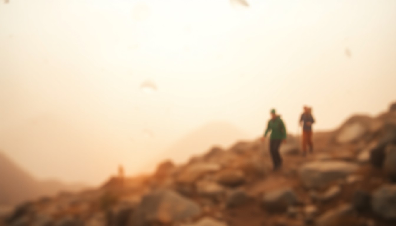 An abstract, impressionistic photograph depicting a hazy, dreamlike scene of hikers navigating a rocky, mountainous landscape, with soft pools of warm light and color evoking the mood of an outdoor adventure.