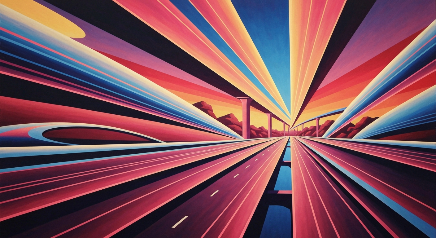 A bold, geometric illustration in the Art Deco style, depicting a sweeping, elevated highway or interstate with smooth, airbrushed gradients in shades of blue, orange, and gray, conveying the grand scale and romance of travel, without any literal depiction of people, vehicles, or text.
