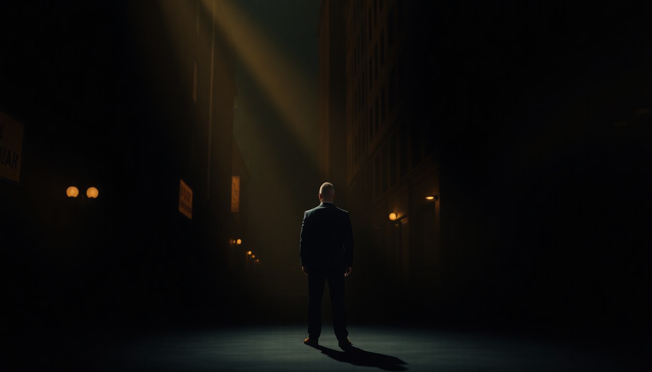 A cinematic painting of a solitary figure standing alone in a dimly lit urban setting, with warm, diagonal sunlight and deep shadows, conceptually representing the complex intersection of media, politics, and racial dynamics.