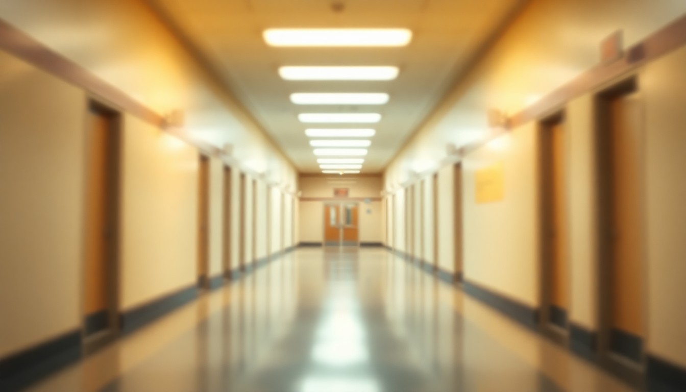 An abstract, out-of-focus photograph showing the warm, muted tones of an empty school hallway, with soft pools of yellow and orange light, conveying a sense of stillness and solitude on an unexpected day off.