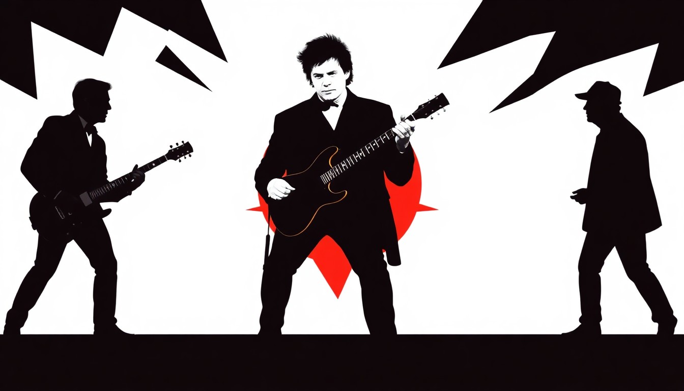 A minimalist, abstract illustration featuring bold, jagged shapes in contrasting red and black, conceptually representing the tension between Bruce Springsteen's political activism and the attacks from former President Trump.