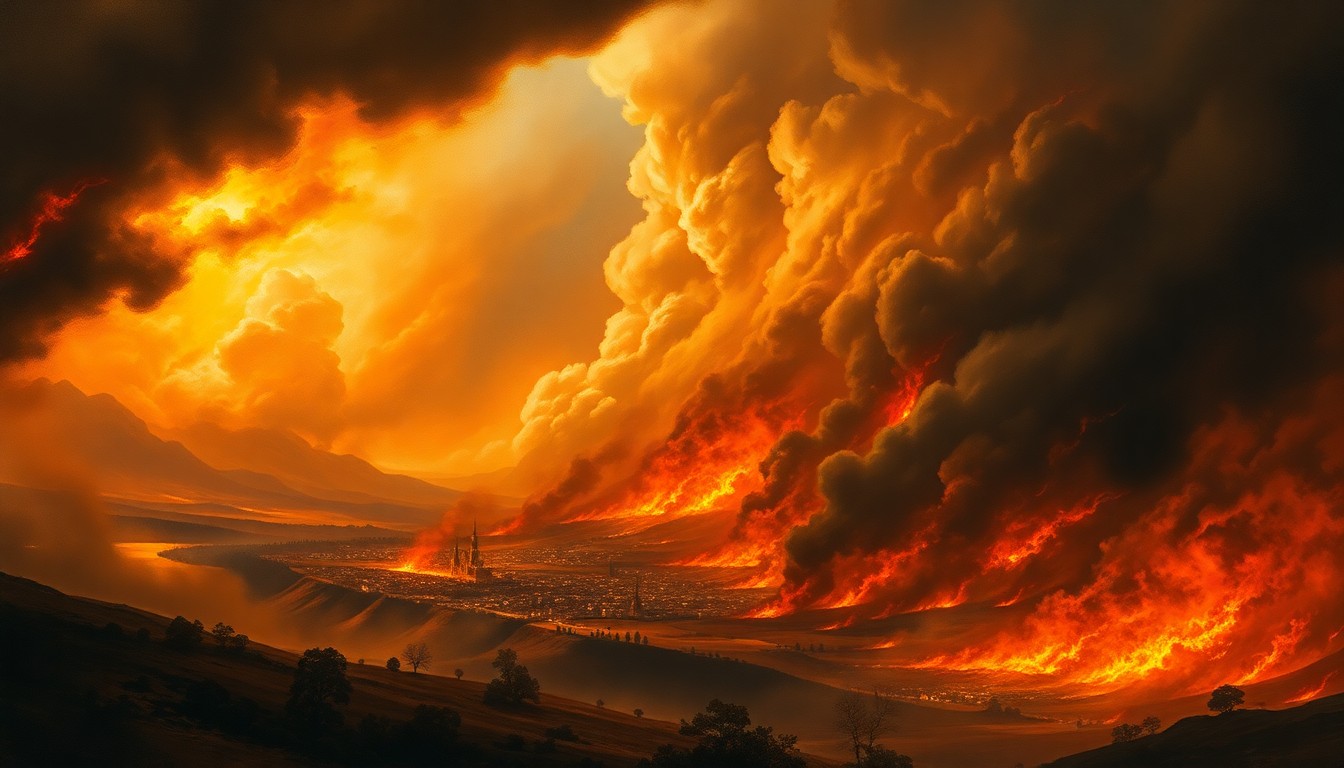 A sweeping landscape painting in muted tones of orange, gray, and black, depicting a raging wildfire consuming a small town in the distance, with the overwhelming scale of the natural disaster dwarfing any human structures or figures.