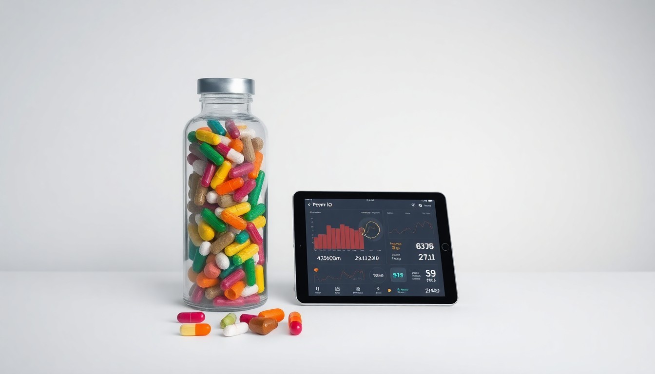 A minimalist, high-quality studio photograph featuring a sleek glass bottle filled with colorful nutritional supplements, a tablet device displaying health data, and a clean, monochromatic background, conceptually representing the personalized, data-driven approach of the Prysm iO platform.