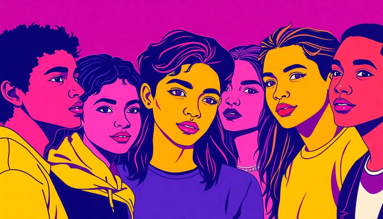 A vibrant, abstract silkscreen illustration depicting a group of diverse teenagers gathered together, their faces rendered in bold, overlapping outlines and neon colors, conveying the energy and potential of Milwaukee's youth.