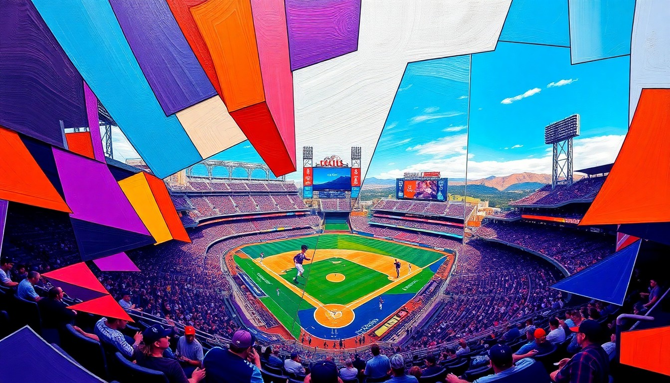 A cubist-style painting depicting a Rockies baseball game broken down into sharp, overlapping geometric shapes in shades of purple, blue, and orange, capturing the energy and chaos of Coors Field.