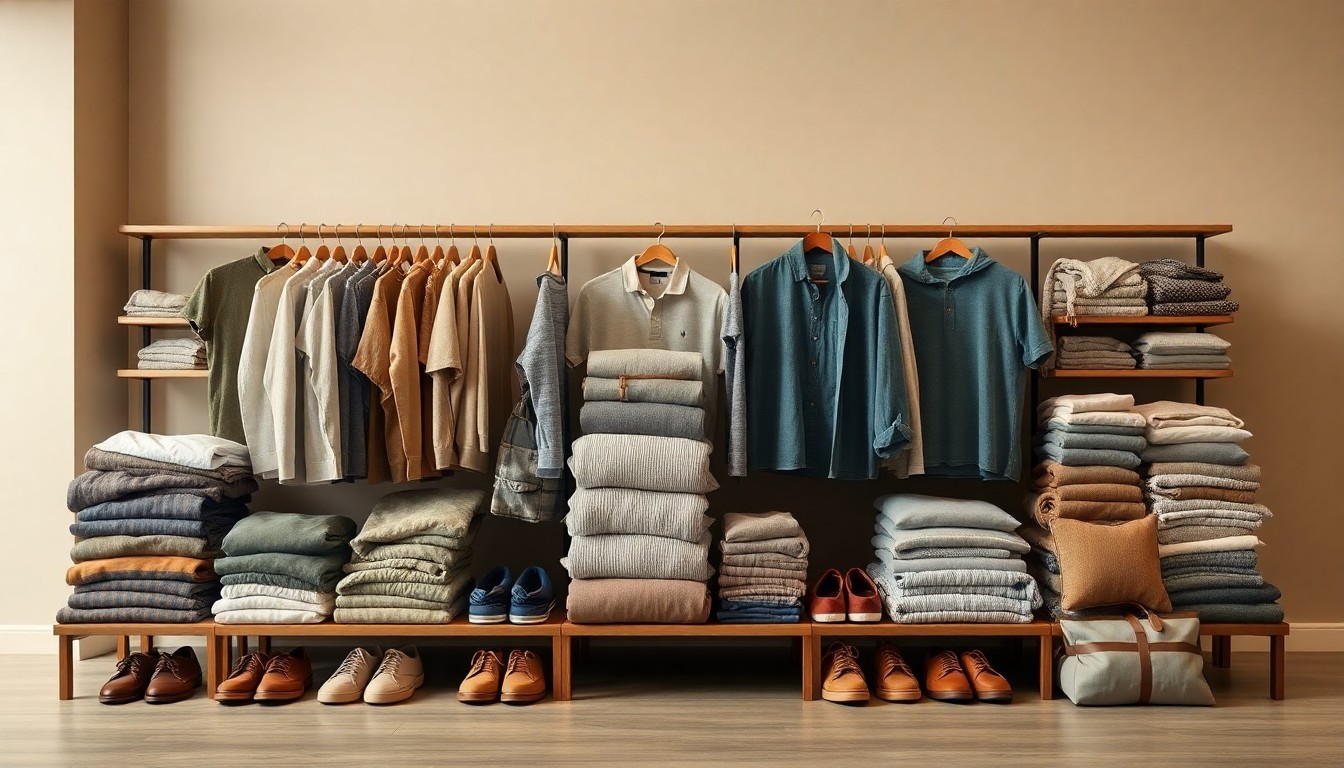 A high-end, photorealistic studio still-life photograph featuring a neatly arranged display of folded clothing, shoes, and home goods in muted earth tones and soft lighting, conceptually representing the variety of affordable, brand-name merchandise available at the new Burlington store.