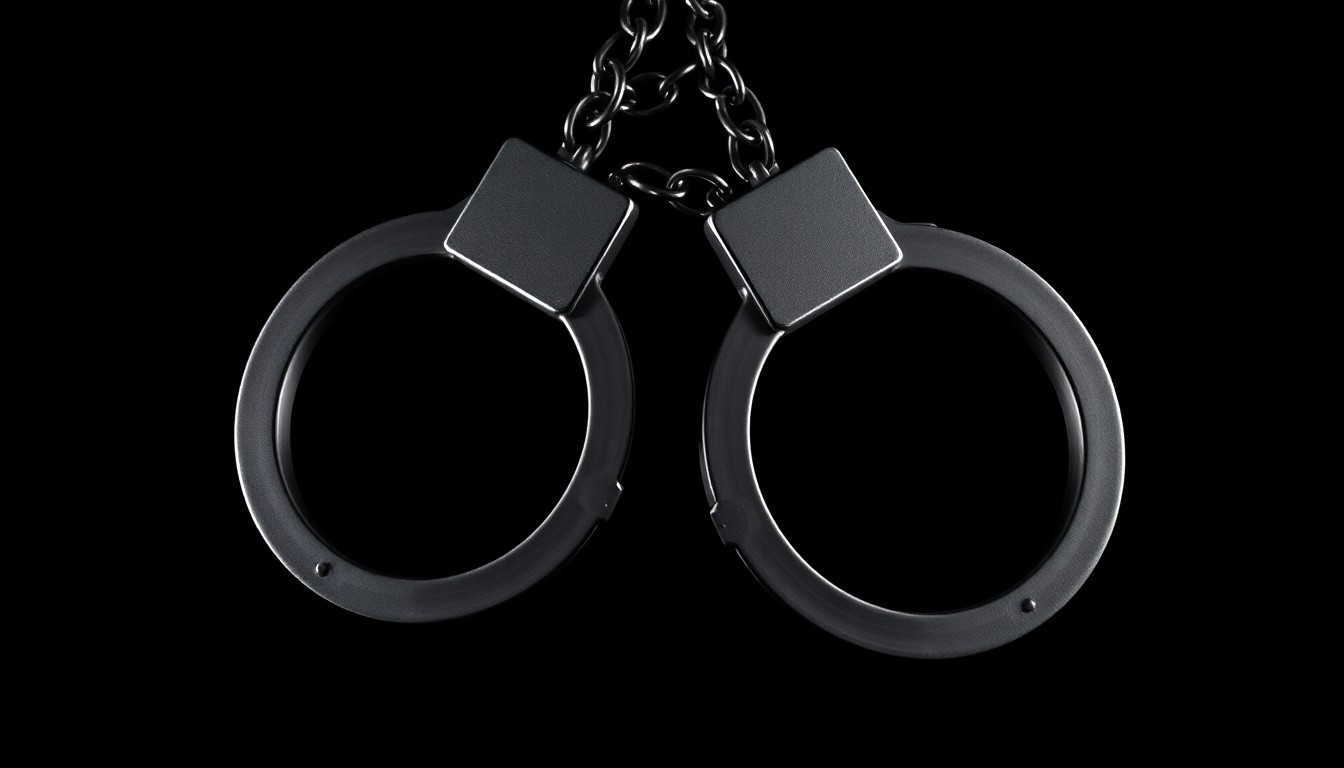 An extreme close-up photograph of a pair of metal handcuffs against a completely black background, the harsh lighting casting dramatic shadows and highlighting the textured metal surface.