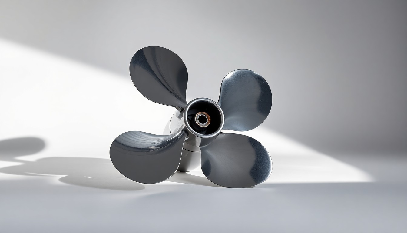 A highly detailed, photorealistic studio photograph of a polished chrome ship's propeller resting on a clean white background, conveying the industrial strength and precision of the shipbuilding trade.