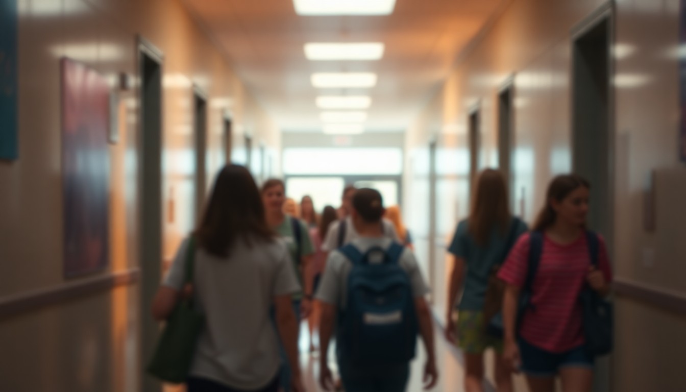 A hazy, impressionistic scene of students walking through a school hallway, with soft, warm light and color creating a dreamlike, atmospheric quality that captures the disruption and uncertainty surrounding the extended school schedule.