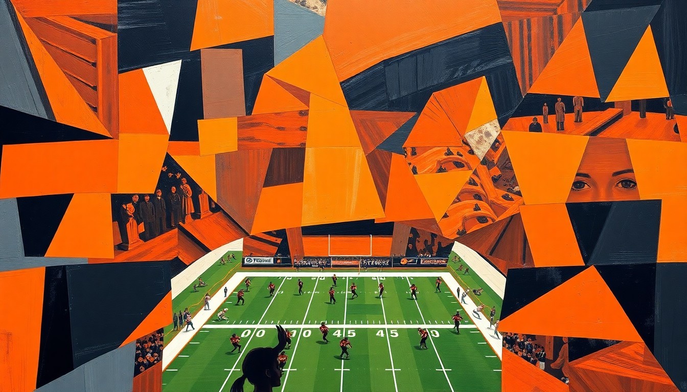 A cubist, geometric painting depicting a college football game, with sharp, overlapping planes of orange and black representing the Oklahoma State Cowboys team colors.