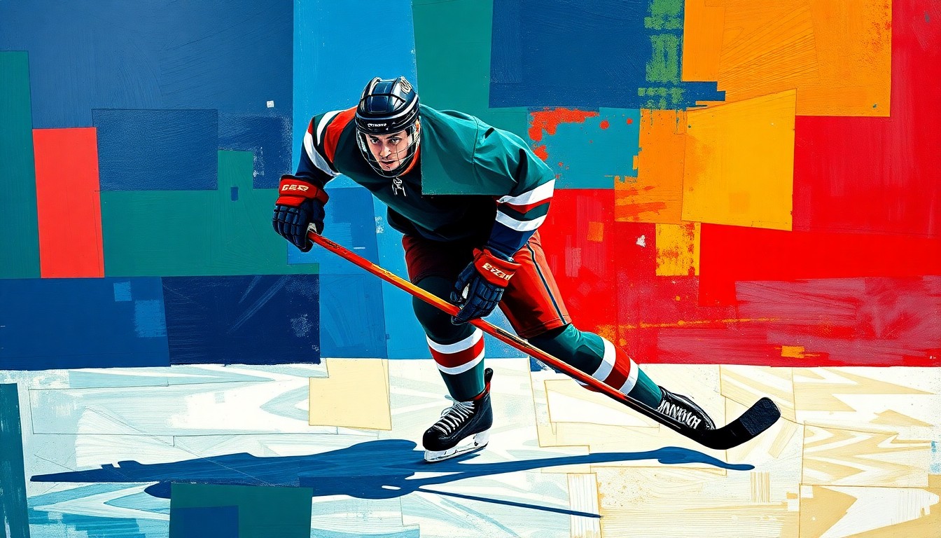 A cubist, geometric painting depicting a hockey player in mid-action, with sharp, overlapping planes of navy blue, forest green, and crimson red conveying the raw energy and movement of the sport.