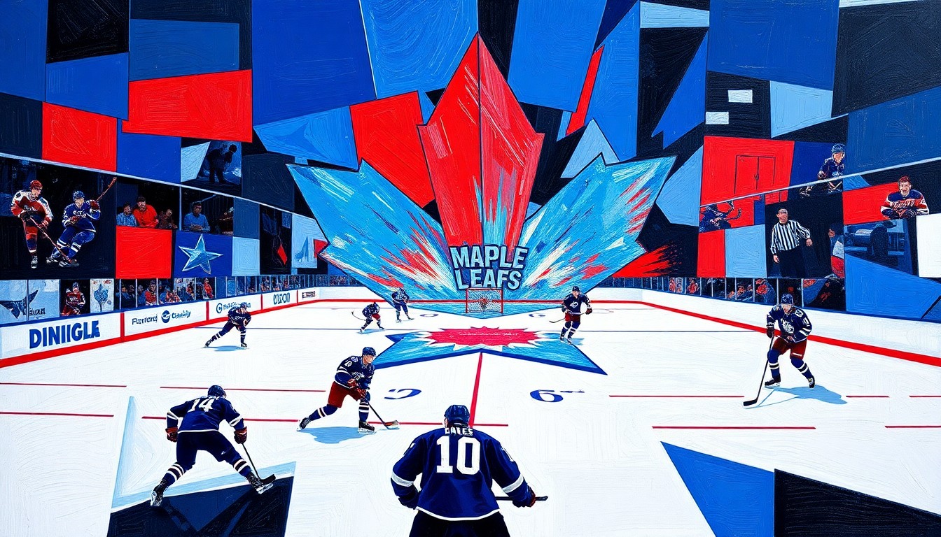 A cubist painting featuring sharp, overlapping geometric shapes in the Maple Leafs' team colors of blue, red, and white, conceptually representing the chaos and disruption of an earthquake striking the team's hotel.