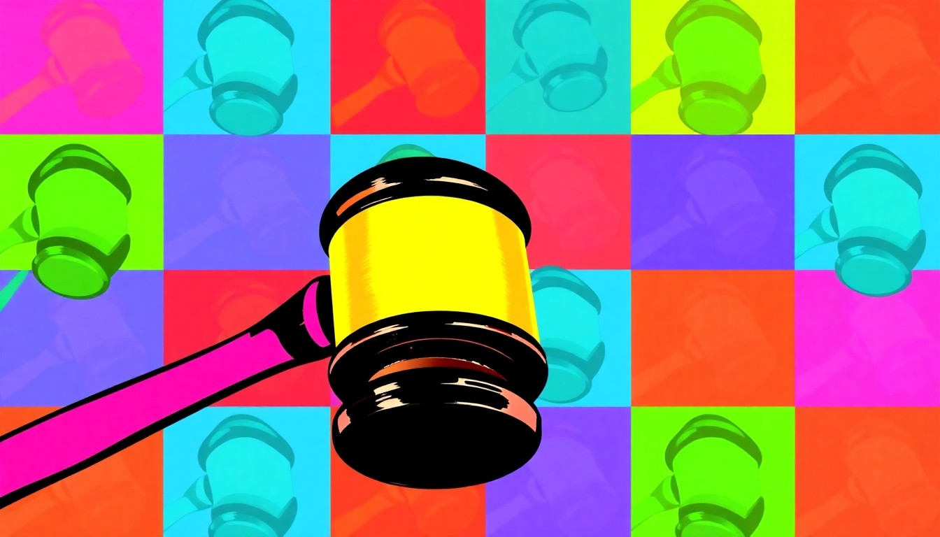 A bold, colorful silkscreen print featuring a repeating pattern of a gavel, the classic symbol of the legal system, rendered in a high-contrast, neon-infused pop art style that captures the dynamic spirit of the mock trial event.