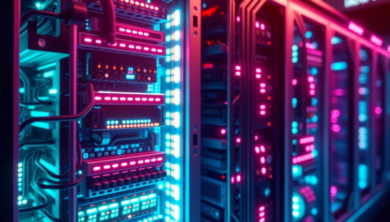 A highly detailed, glowing 3D illustration of a futuristic AI processing unit or server rack, with neon cyan and magenta lights pulsing through the intricate hardware components, conceptually representing the transformative power of AI technology in Silicon Valley.