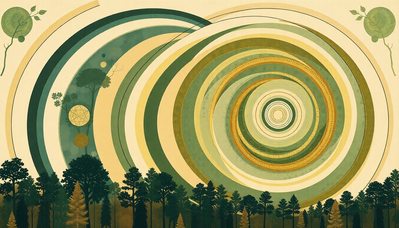 A bold, abstract painting in the style of Hilma af Klint, featuring sweeping geometric arcs, concentric circles, and precise botanical spirals in earthy tones of green, brown, and blue, representing the complex interconnected systems of a sustainable forest ecosystem.