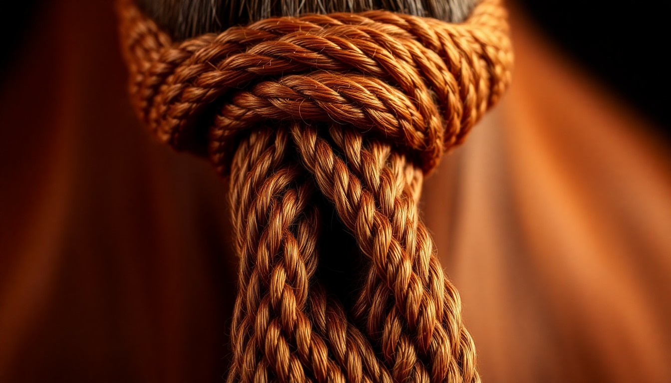 An extreme close-up photograph of a richly textured horsehair tie in warm, earthy tones, capturing the luxurious and high-fashion aesthetic of the accessory at the center of the 'Summer House' drama.
