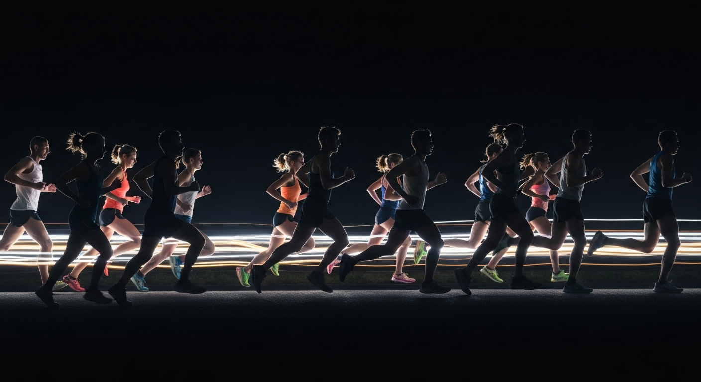 A dynamic illustration of runners in motion, their forms defined by glowing neon lines against a dark backdrop, conveying the active energy and community spirit of the health department's first Fun Run event.