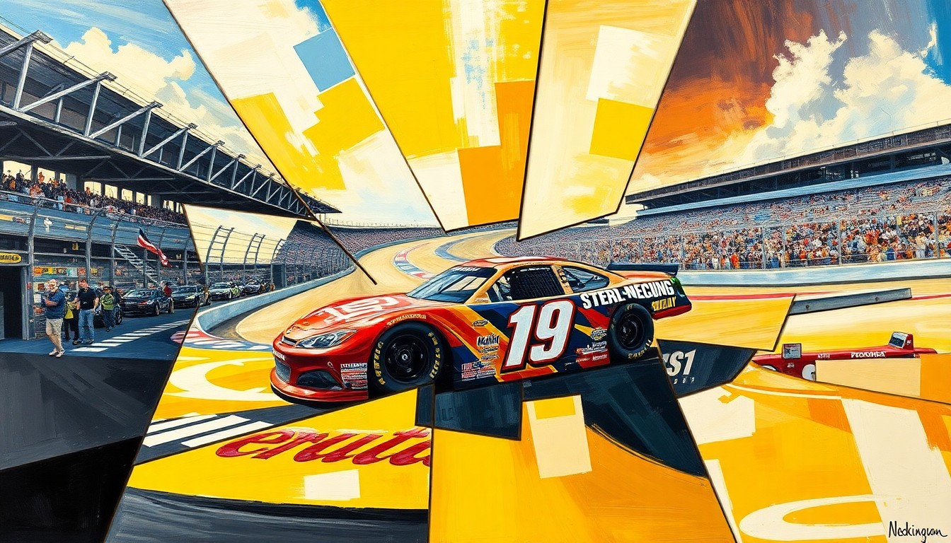 A fractured, geometric painting depicting a NASCAR race at Rockingham Speedway, with the car and track elements broken down into abstract shapes and forms, conveying the raw energy and competitive spirit of the event.