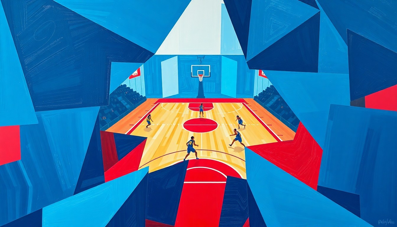 A cubist, geometric painting depicting a fragmented WNBA basketball game, with sharp planes of navy, sky blue, and crimson red, conveying the loss of the Connecticut Sun franchise and the enduring prominence of UConn basketball.