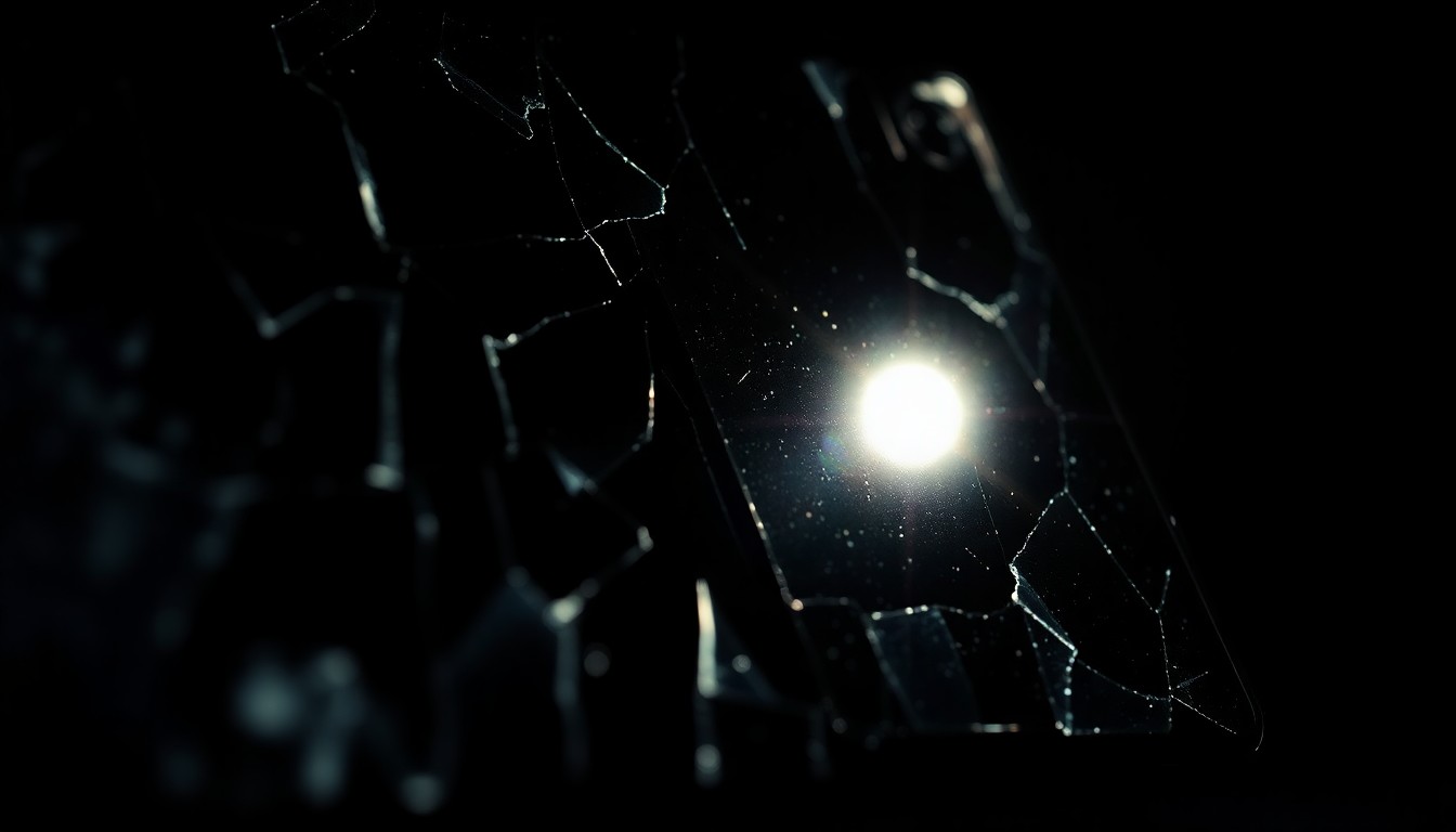 An extreme close-up of a cracked and damaged cellphone screen reflecting a faint, distorted image, conceptually representing the disturbing evidence uncovered in a child sexual abuse investigation.
