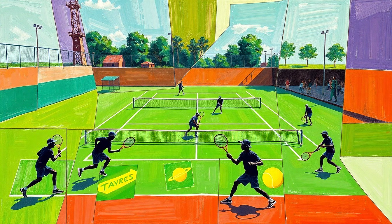 A fragmented, geometric painting depicting the dynamic movements and court positions of a high school tennis match, with sharp planes of green, yellow, and silhouetted figures in motion.