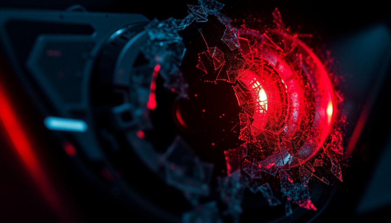 An extreme close-up photograph of a shattered car sensor lens reflecting a faint red light, conceptually illustrating the aftermath of a violent act of vandalism against autonomous vehicles.