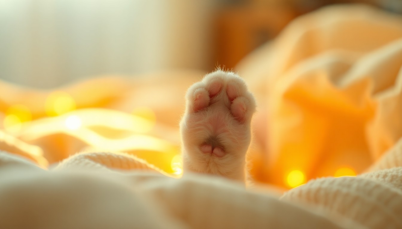 A soft, abstract photograph of a cat's paw reaching out from a cozy bed, surrounded by warm, blurred pools of color and light, evoking a sense of comfort and the mystical connection between humans and their pets.