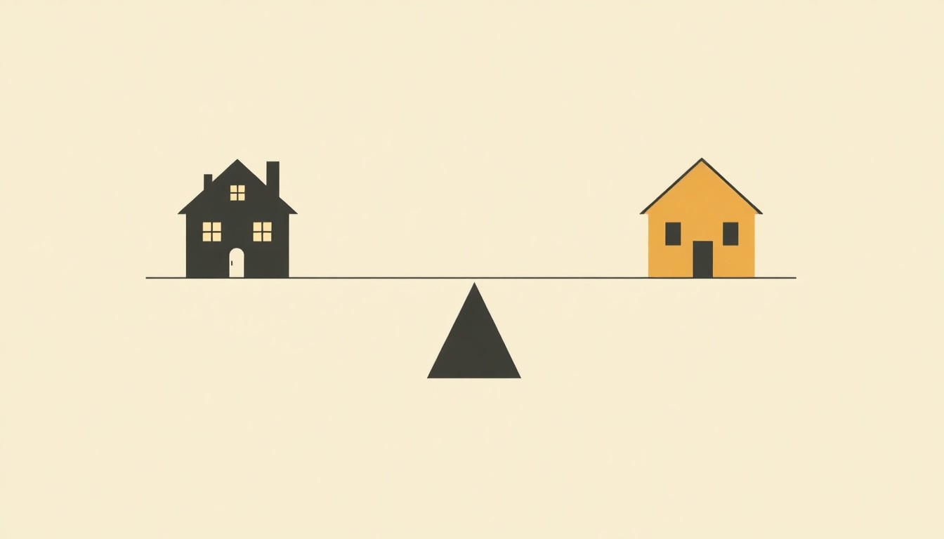 An abstract geometric illustration using clean lines, triangles, and rectangles in muted earth tones to conceptually represent the shifting dynamics of the Texas housing market.