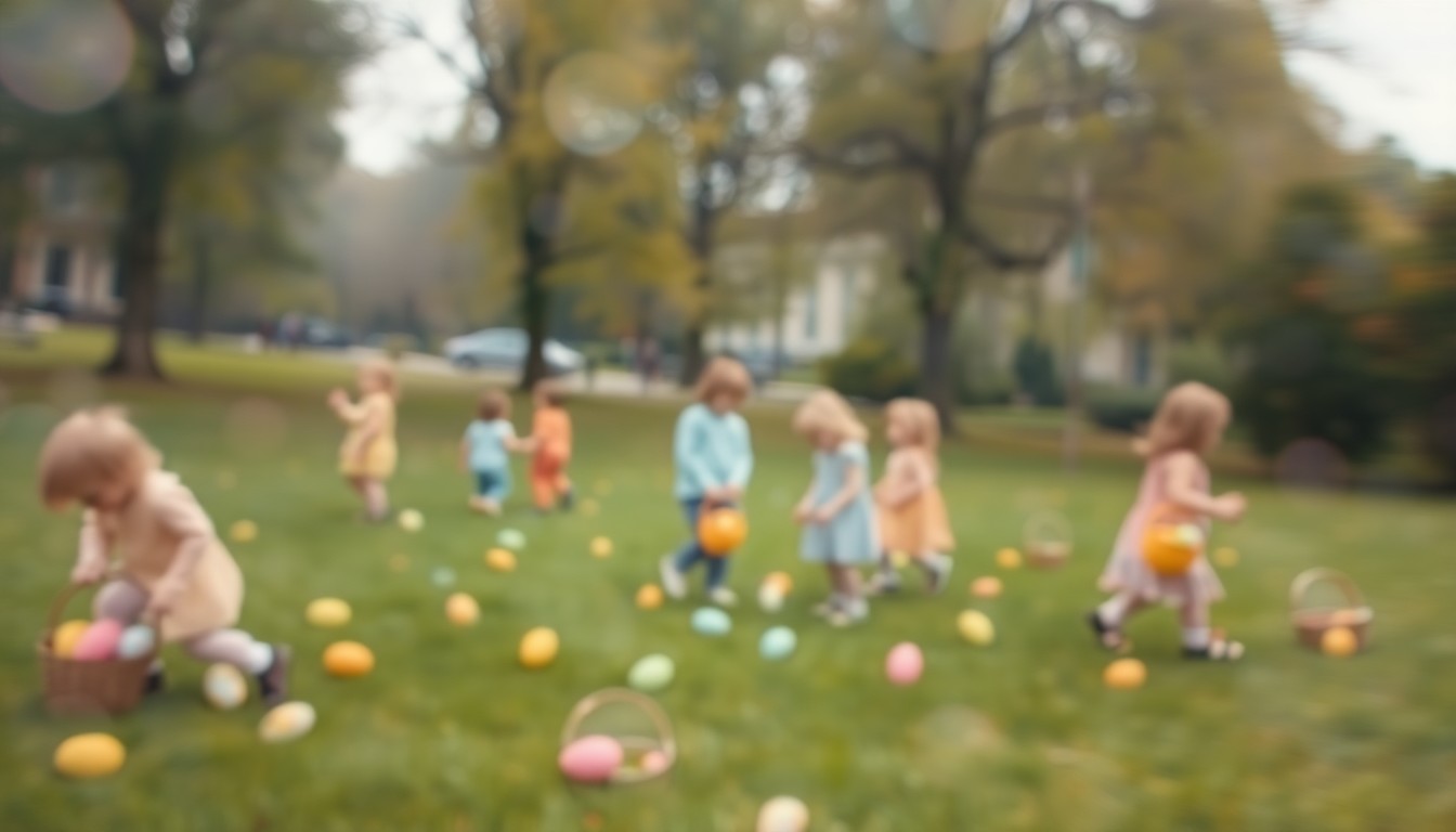 An abstract, impressionistic photograph of children playing in a blurred, hazy park scene, with colorful Easter eggs and baskets visible throughout the soft, warm composition.