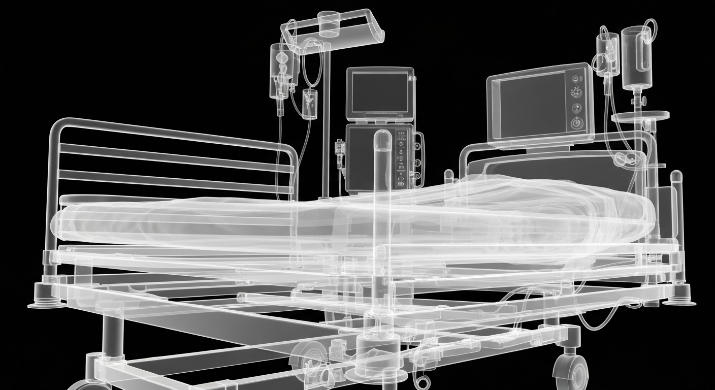 An X-ray-style illustration revealing the internal structure of a hospital bed and medical equipment, conceptually representing the expanded facilities at Saint Alphonsus Regional Rehabilitation Hospital.