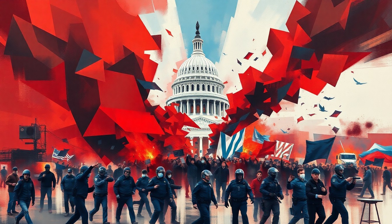 A fractured, abstract painting in red, white, and blue depicting the chaotic and violent scenes of the January 6 attack, with overlapping, fragmented images of rioters and police officers.