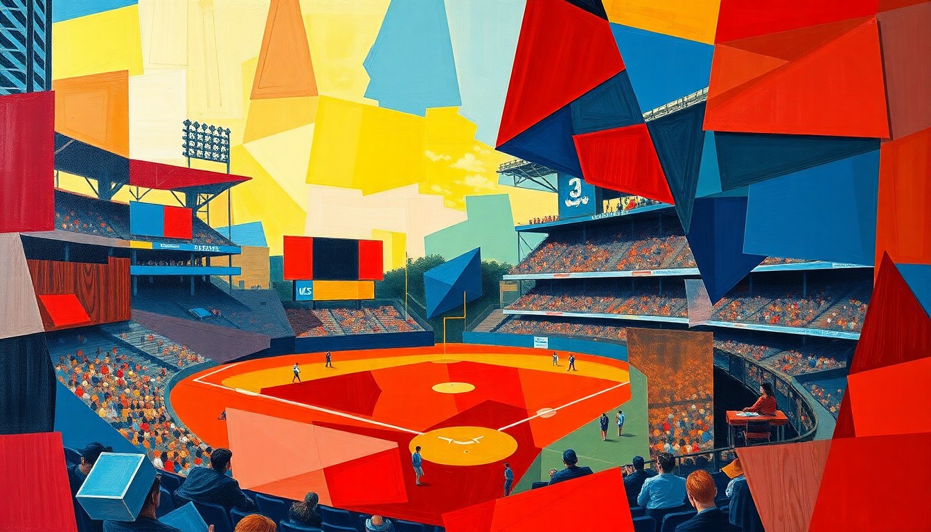 A cubist, geometric painting depicting a college baseball game, with overlapping planes of bright red, blue, and yellow colors representing the dynamic action on the field.