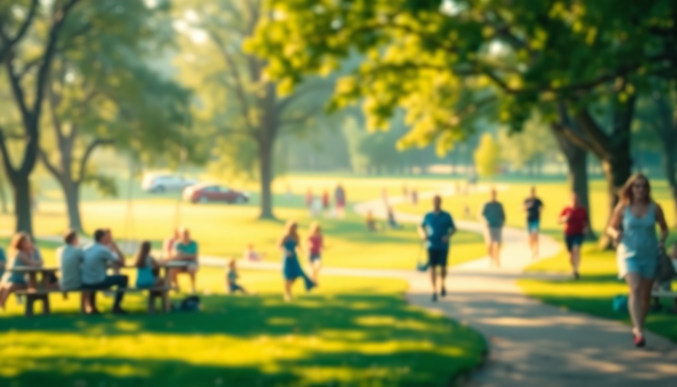 An impressionistic, out-of-focus photograph depicting the lush greenery, playful activity, and serene atmosphere of a new public park.