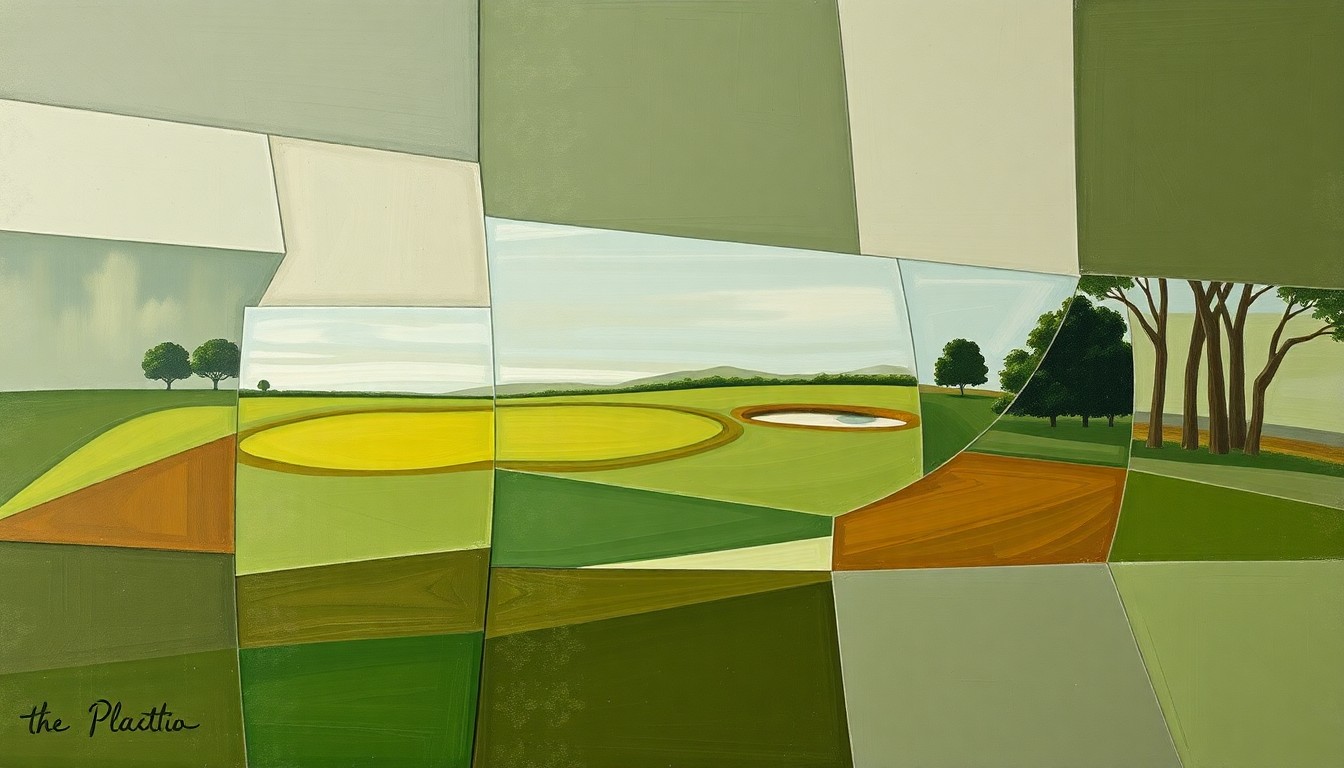A fragmented, geometric painting in muted greens, browns, and grays, breaking down a golf course scene into sharp, overlapping planes, conceptually representing the dashed hopes of a golfing icon's planned return to the Masters tournament.